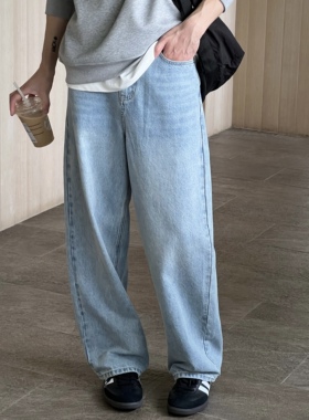 王几又 秋季美式休闲痞帅水洗复古浅蓝色牛仔裤男直筒宽松百搭