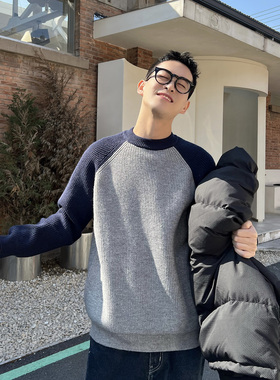王几又 时尚拼色插肩袖毛衣男秋冬加厚圆领套头藏蓝色打底针织衫