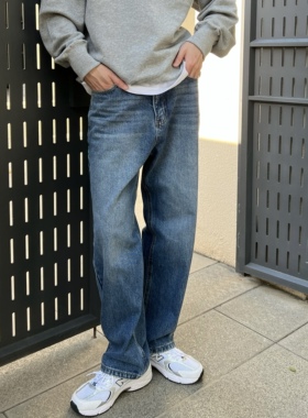 王几又 宽松复古水洗牛仔裤男春季新款蓝色中腰直筒休闲长裤薄款