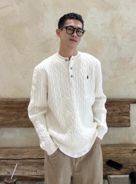 王几又 秋季新款韩系白色麻花刺绣亨利领毛衣男简约休闲百搭上衣