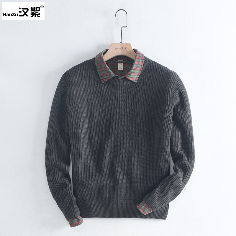 汉絮秋冬季纯棉毛衣外套男士圆领针织衫套头打底衫男装百搭线衣潮