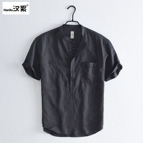 汉絮休闲口袋立领宽松套头衬衫