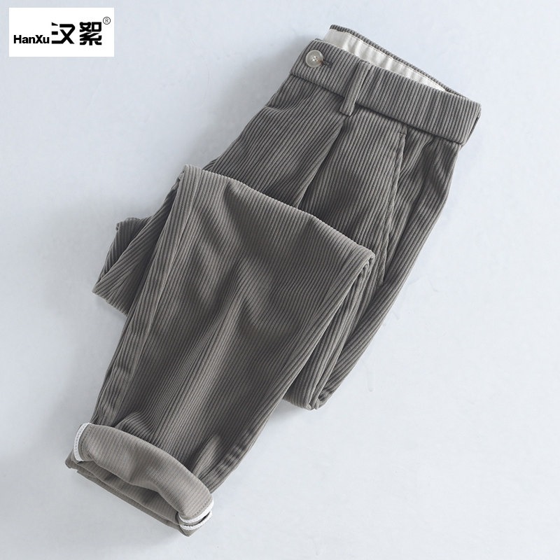 汉絮春秋季灯芯绒休闲裤男士松紧腰合体直筒裤子纯色百搭男长裤潮