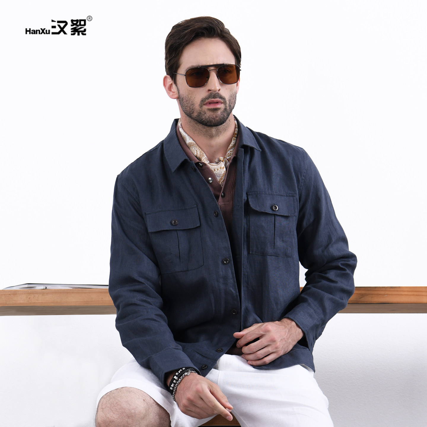 纯亚麻工装风多口袋衬衫式夹克