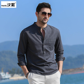 男士 春季 长袖 汉絮立领棉麻衬衫 文艺休闲上衣潮流宽松男装 亚麻衬衣