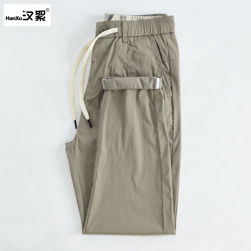 汉絮薄款松紧腰系带休闲裤男士纯色微锥小直脚裤子韩版修身九分裤