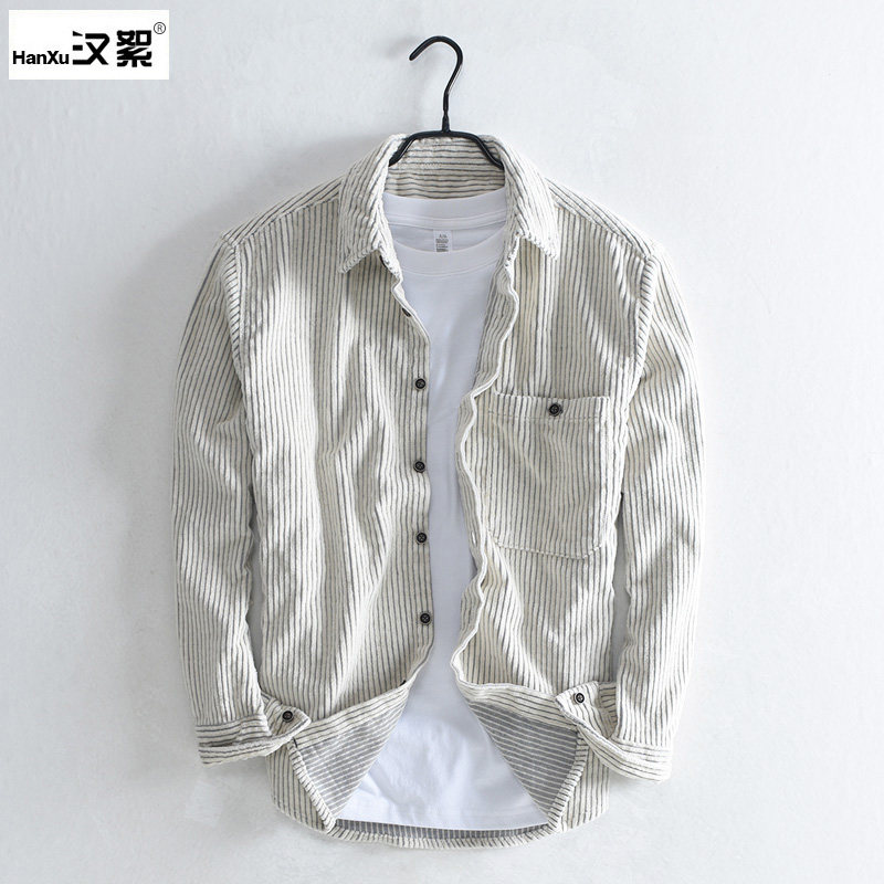 汉絮双色条纹灯芯绒衬衫男士微宽松休闲上衣柔软全棉条绒衬衣外套