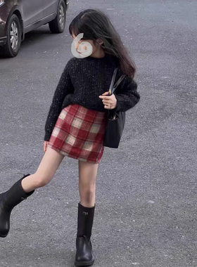 童装2025春秋冬新款儿童红色格子毛呢加绒半身裙女童学院风呢子裙