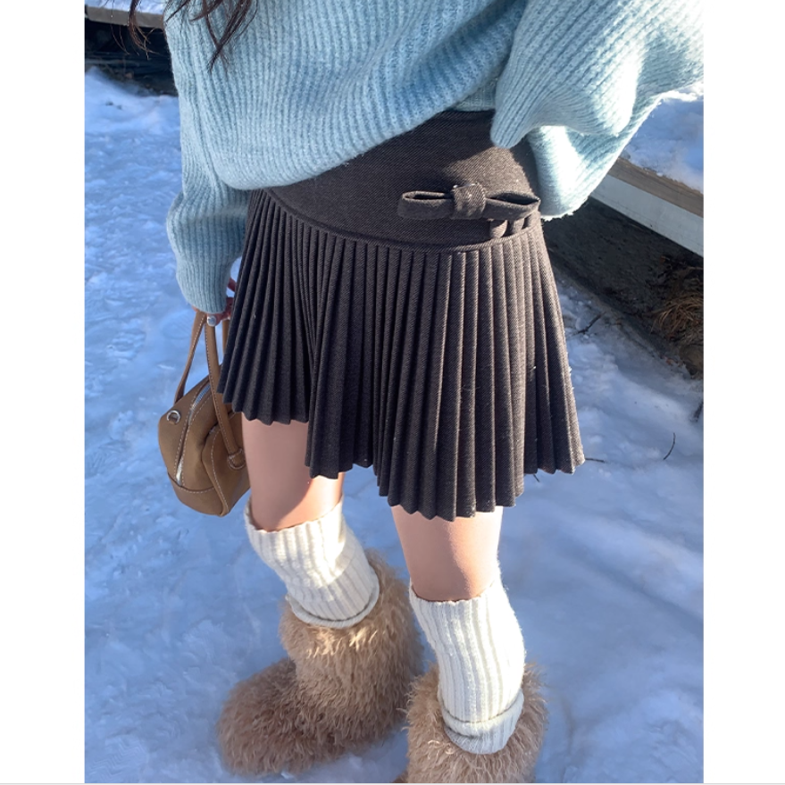 灰色百褶裙女童装秋冬伯克利裙子小女孩A字短裙高腰毛呢半身裙裤5