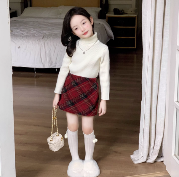 女童毛呢半身裙冬装加厚2025新款超好看红色短裙半裙儿童冬天裙子