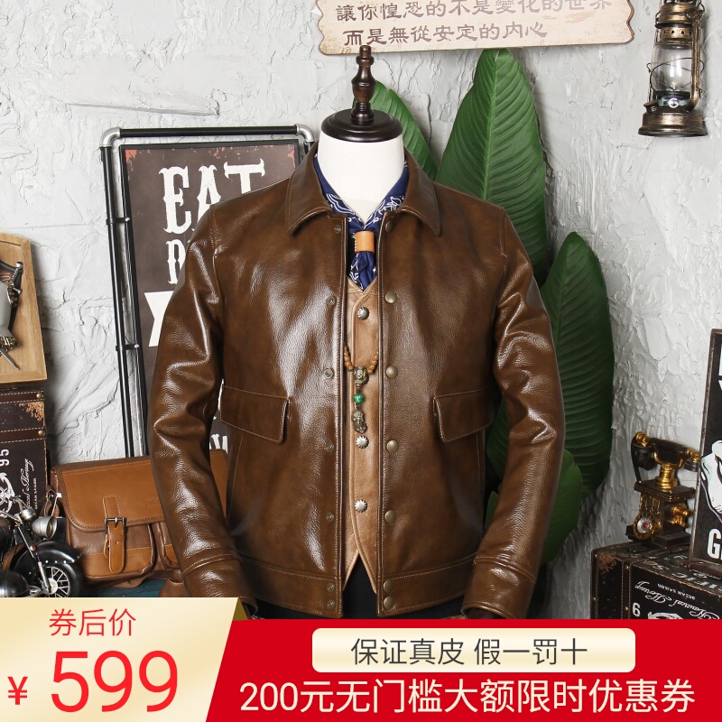 蜡染柔软头层小牛皮真皮皮衣男短款美式A2空军飞行员服机车皮夹克