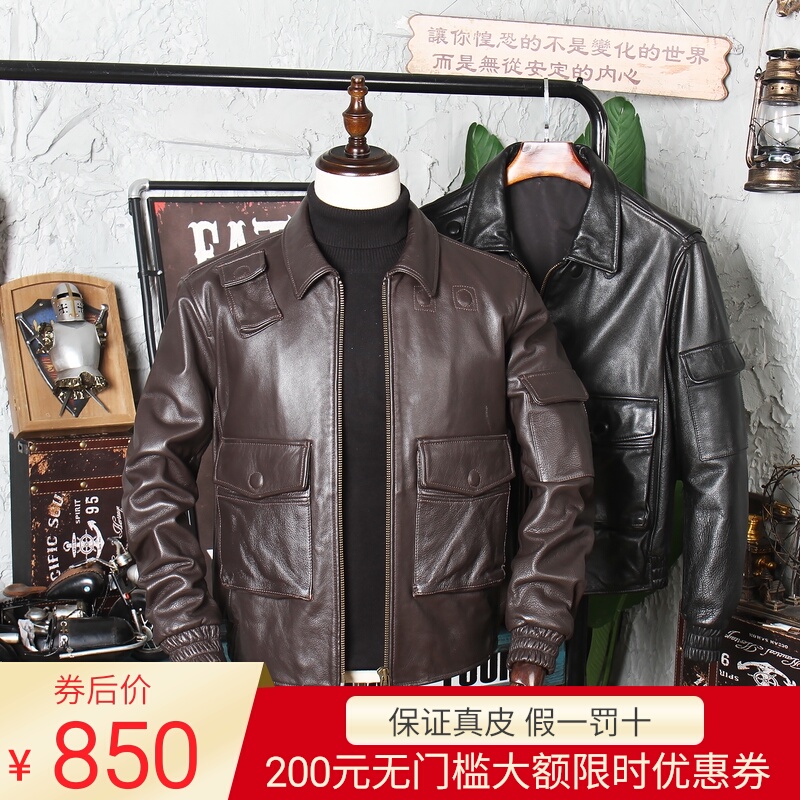 商务休闲皮夹克正装翻领外套男真皮皮衣头层厚软牛皮复刻a2飞行服