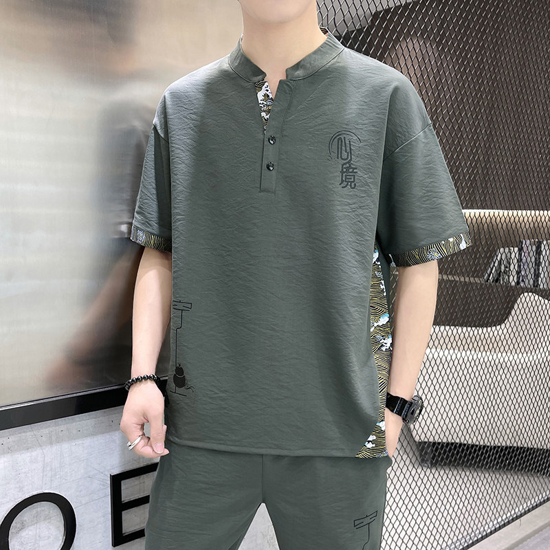 남성 반팔 티셔츠 투피스 여름 정장 중국 스타일 남성 복고풍 스타일 옷 느슨한 대형 HANFU 트렌드