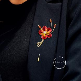 手工缠花红色梅花胸针秋冬西装大衣旗袍别针胸花礼物diy材料包