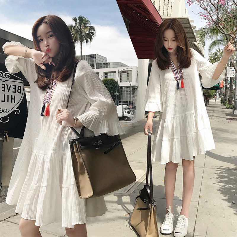 Dress women's summer 2018 new large women's fat mm summer loose medium length fat fairy national style skirt