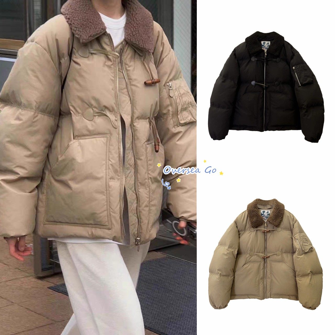 现货 self service 25冬季新款韩系翻领鸭绒牛角扣羽绒服保暖外套