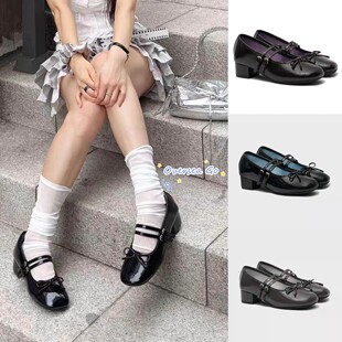 现货*rockfish 新款双条绑带中跟漆皮玛丽珍单鞋甜美蝴蝶结芭蕾鞋