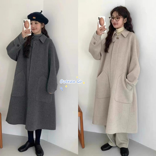 现货 egg 2024冬季新款 洋气翻领廓形中长款双面羊毛呢大衣外套女