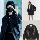Jisoo同款 折扣现货 Dunst 复古翻领拉链松紧腰皮衣夹克外套女