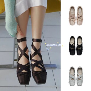 已订现货 rockfish 韩国方头交叉蕾丝绑带缎面蝴蝶结玛丽珍芭蕾鞋