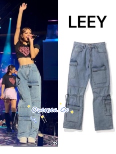 现货 LISA同款 LEEY 韩国小众复古口袋宽松牛仔裤工装裤直筒裤女