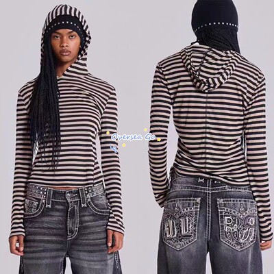 复古辣妹风条纹连帽长袖T恤上衣