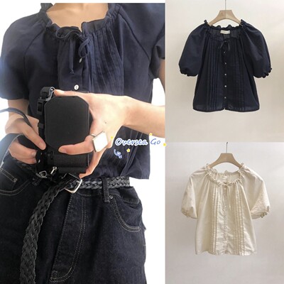 木耳边抽绳百搭显瘦短袖衬衫女