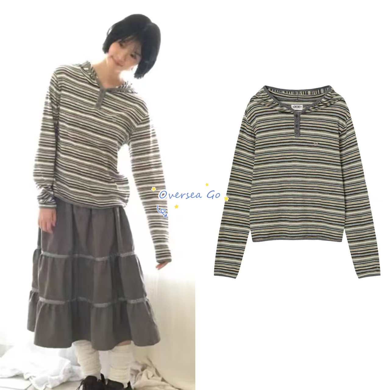 条纹休闲慵懒风连帽卫衣长袖上衣