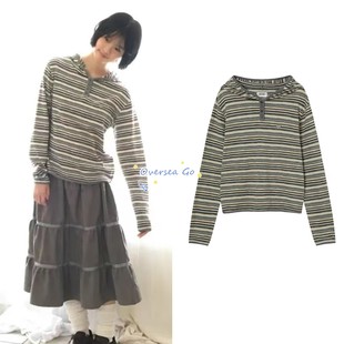 现货 韩国aeae 刺绣复古条纹宽松休闲慵懒风连帽卫衣长袖上衣女