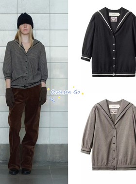 现货韩国viaplain25秋冬新款复古海军领羊毛单排扣针织开衫外套女