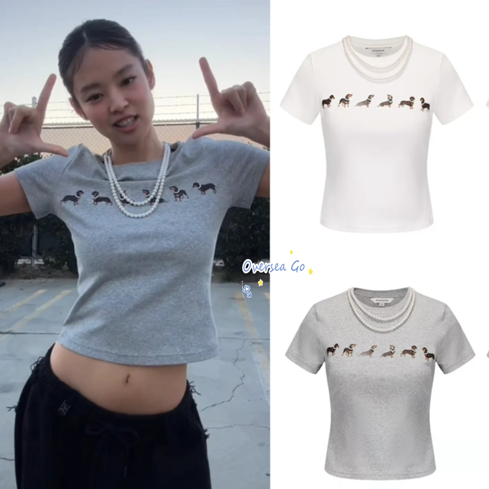Jennie同款狗狗印花弹力短袖T恤