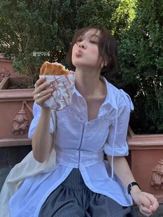 白色胸围线蕾丝边翻领上衣假两件衬衫 现货 新款 23秋季 女 fletta