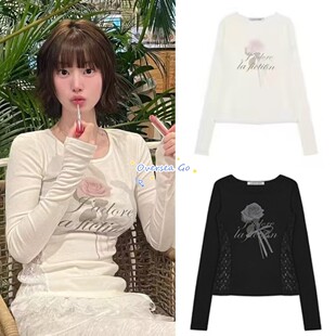 玫瑰印花圆领蕾丝拼接长袖 赵美延同款 T恤女 韩国LARTIGENT 现货