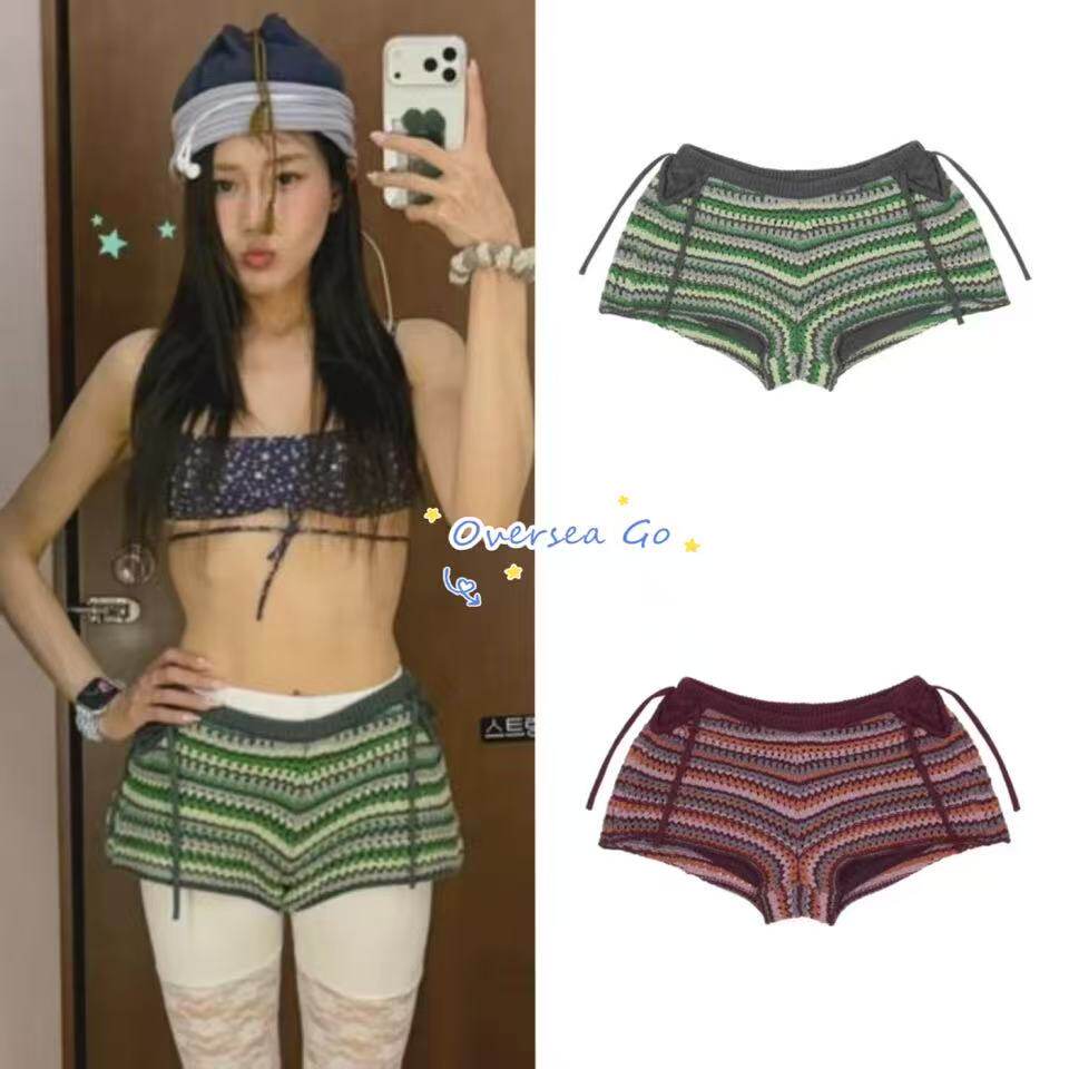 拼色条纹针织短裤沙滩裤热裤女