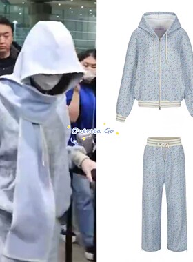 现货Minjiena 林娜琏同款 兔子印花蕾丝连帽外套长裤连帽围巾套装