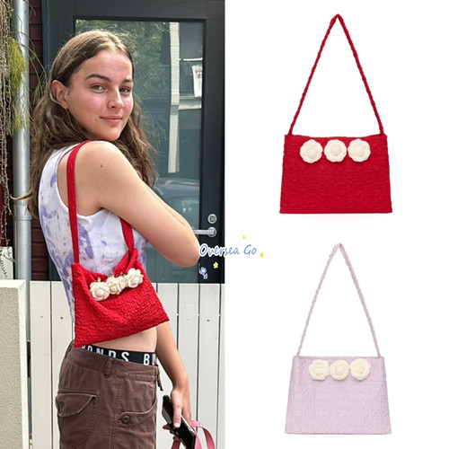 皱褶玫瑰花朵单肩包手提包女