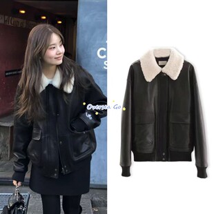 现货2025冬季新款 OUNCE 宽松休闲复古气质可拆卸毛领皮衣外套女