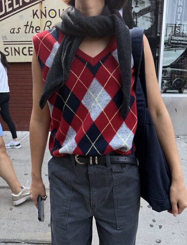 复古菱格V领针织马甲背心女