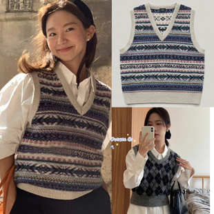 现货 fever同款 thebarnnet 八奶复古V领修身无袖针织背心马甲女