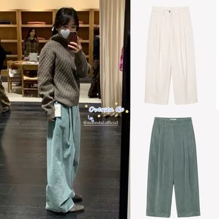 现货韩国moondal 26新款百搭温柔双褶灯芯绒阔腿裤休闲裤直筒长裤