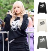 cerric 金艺琳MINJI同款 慵懒风爱心印花斜肩长袖 现货 T恤打底衫 女