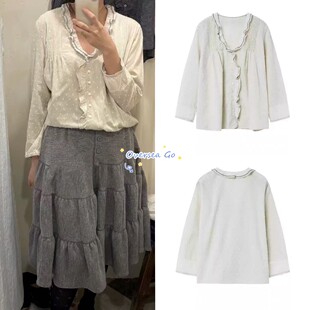 现货韩国 viaplain 26新款 甜美气质休闲V领波点荷叶边长袖衬衫女