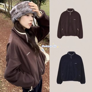 现货 howus 韩国小众纯色立领摇粒绒复古慵懒风拉链夹克外套女