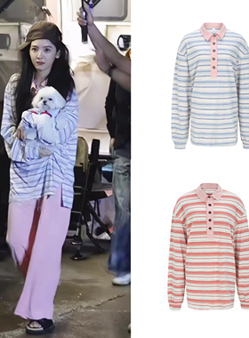 现货Minjiena 25新款章若楠同款复古拼色条纹polo衫半开领长袖T恤