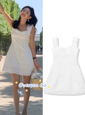 折扣现货 stu fever同款法式蕾丝花边拼接修身显瘦白色吊带连衣裙