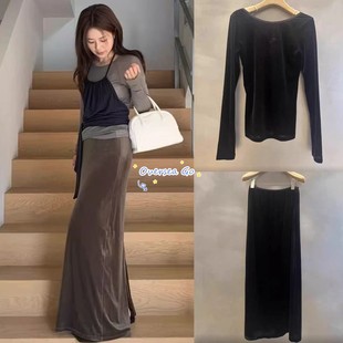 纯色圆领长袖 现货 复古丝绒半身裙 25秋冬新款 t恤上衣女 monoha