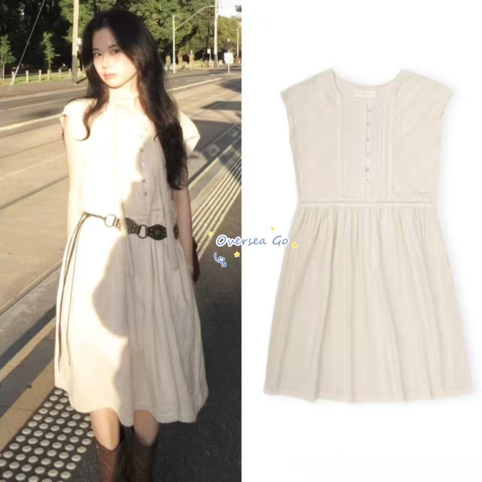 现货 snugnook 2025夏季新款韩国洋气减龄压褶蕾丝拼接无袖连衣裙