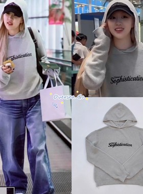 现货Urban Sophistication朴彩英rose同款字母刺绣连帽针织衫卫衣