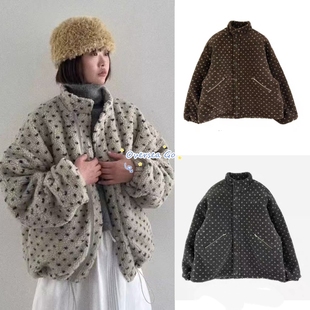 新款 现货 Seoul oil 复古立领设计感拉链爱心波点摇粒绒外套 韩国