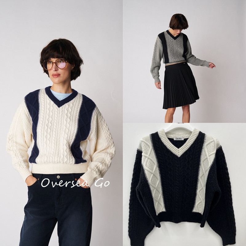 V领小众羊毛拼色麻花毛衣